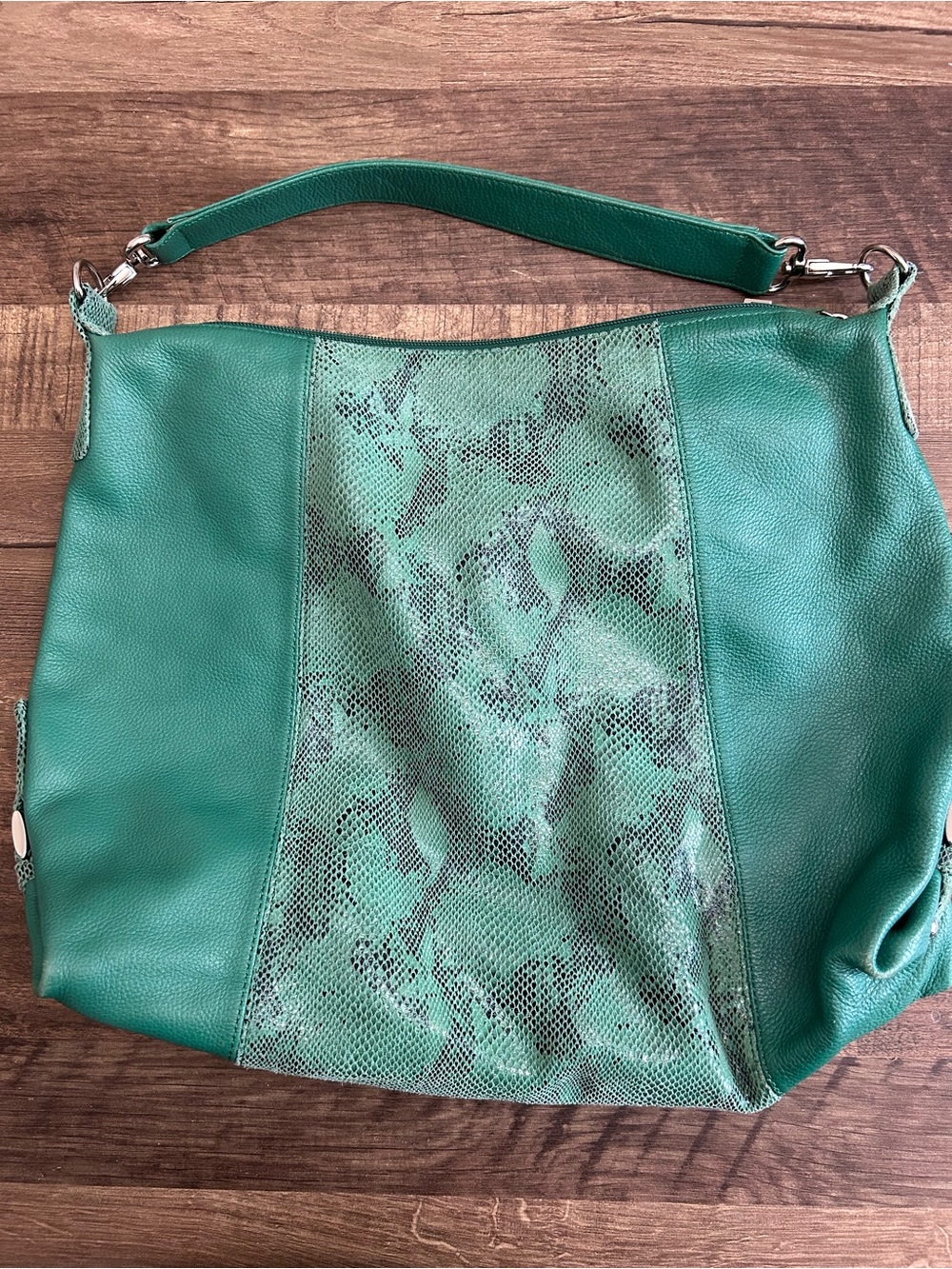 Soprano Teal Green Leather Shoulder Bag with Snake Print Embossed Panel